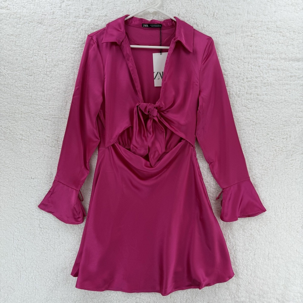 Zara Womens Medium Pink Satin Front Tie Cutout Mini Dress Long Bell Sleeve Party